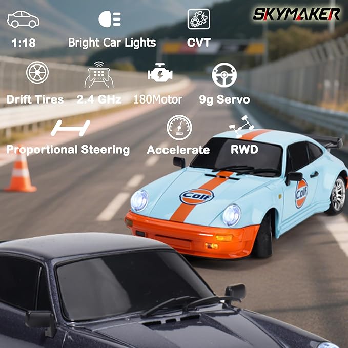 Skymaker Porsche 911 RC Drift Car 1/18 RWD (Blue) | Metal Tires 2.4GHz Remote &amp Gyro for Adults