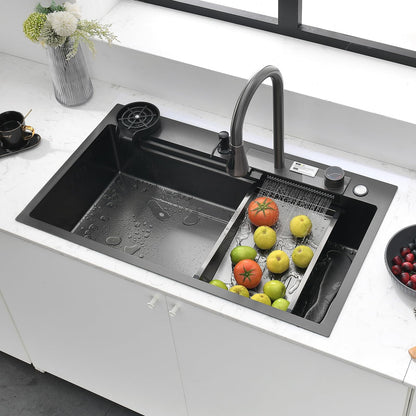 Nano Black Kitchen Single Bowl Sink Stainless Steel Waterfall Sink with Double button Pull-Out Tap,rain Basket,Cup washer, cutting board, vegetable washing basin (BLACK, 30X18")