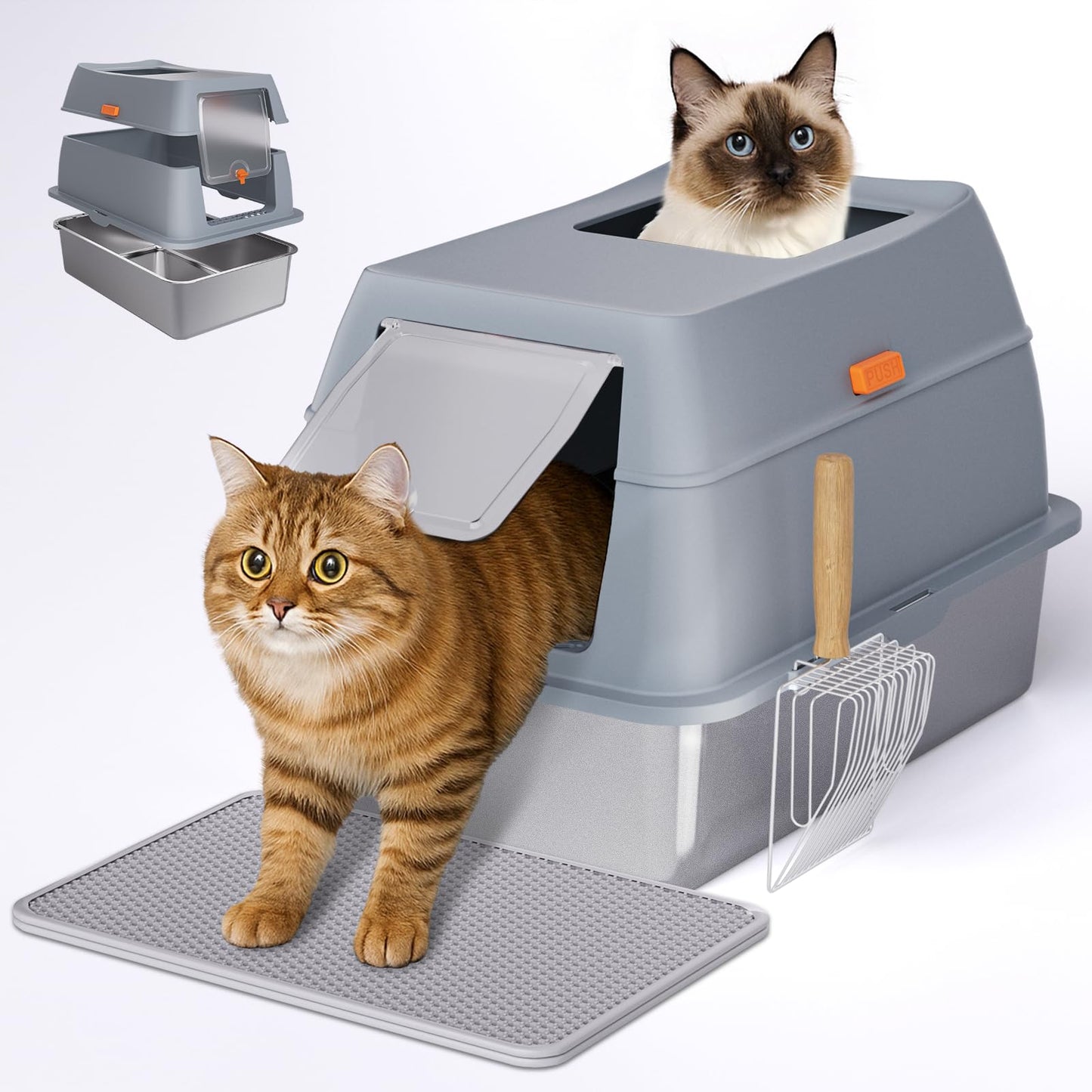 Stainless Steel Litter Box with Lid, 8” Deep Pan, Extra Large Litter Box for Big Cats, Anti-Leakage, Odor Free, Front & Top Dual Entry, Includes Litter Mat & Metal Scoop
