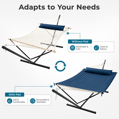 SUPERJARE 12ft Double Hammock with Stand, Rope Hammock for 2 Person, Detachable Hammock Bed and Pillow, Portable, Anti-Tip Safety Ropes, Carry Bag, Outdoor Backyard Patio Camping, Navy Blue