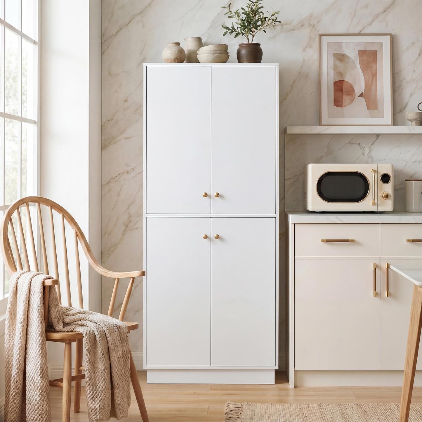 Garvee Kitchen Pantry Cabinet, 68'' Pantry Storage Cabinet with 4 Doors and 4 Adjustable Shelves, Wooden Freestanding Cupboard for Kitchen, Dining Room and Living Room and Bedroom, White