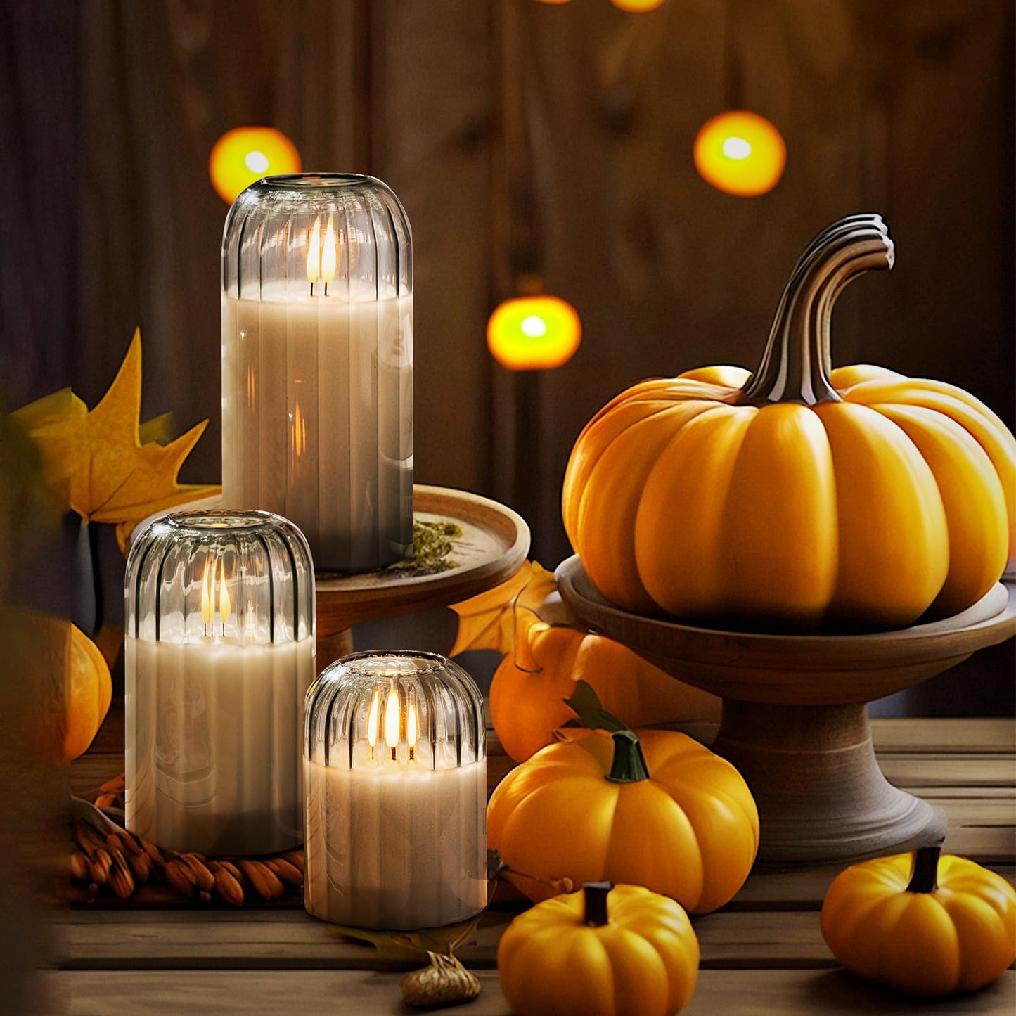Ribbed Glass Battery Candles - FLameless Candles with Remote, Sage Green LED Candles with Timer, Warm Light, Lasting 350 Hrs and Brightness Adjustment, Φ 3" H 4" 5" 6", Set of 3 for Christmas Decor