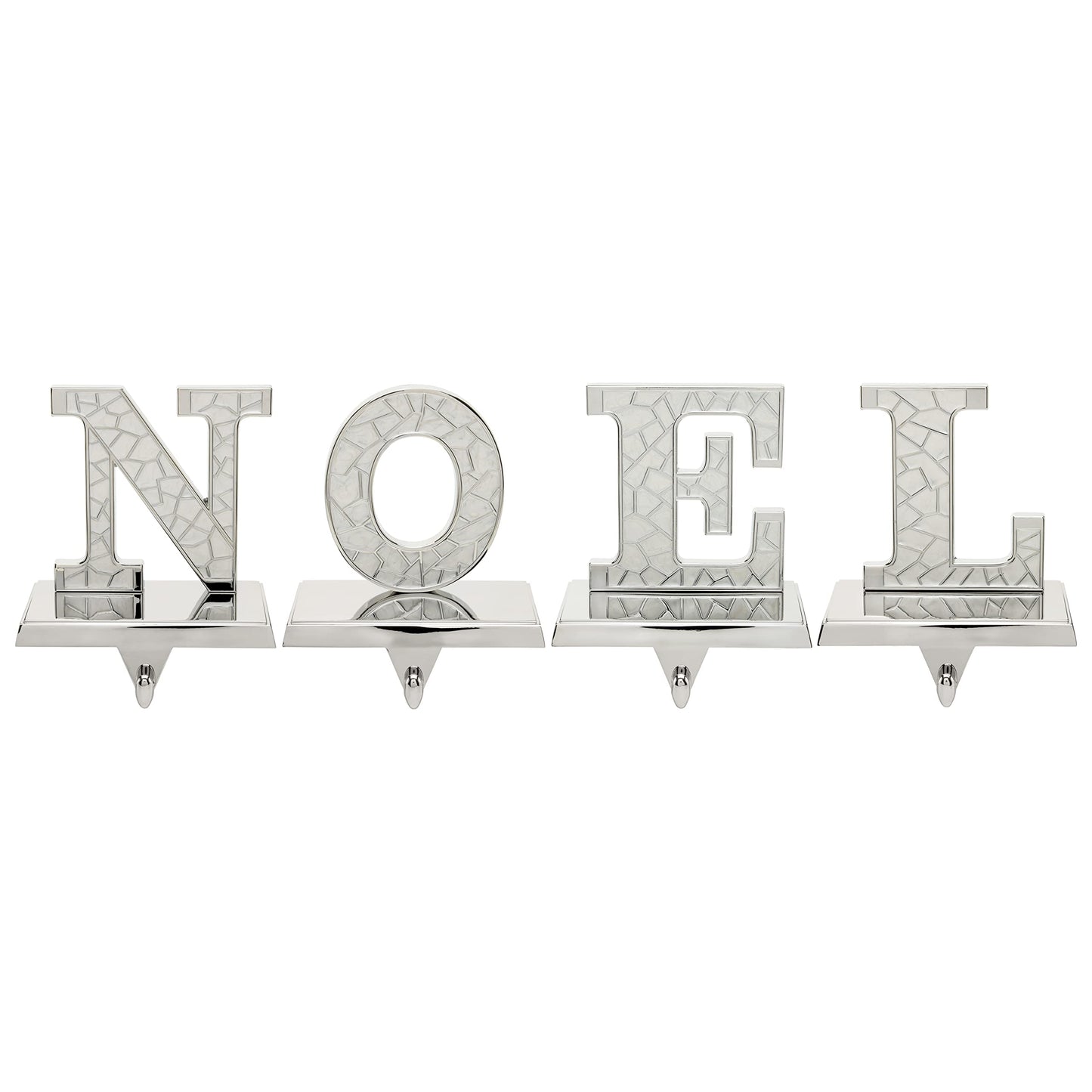 Holiday Jingle Stocking Holder for Mantle – 4pc N O E L Christmas Stocking Holders Nickel – Stocking Holders with Velvet Bottom – Durable Metal Stocking Holders