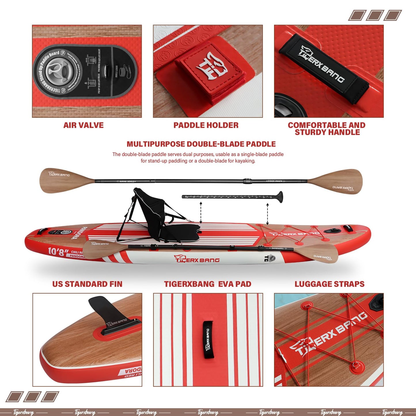 TIGERXBANG Paddle Board, 10.8' Stand Up Paddle Board with Premium Complete Inflatable SUP Accessories, Extra Wide Paddleboards for Adults & Youth-Pandora Collection Chili Red