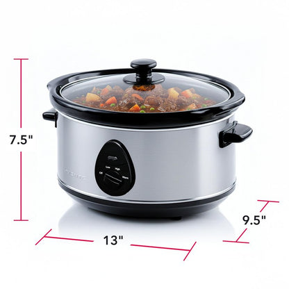 OVENTE Electric Slow Cooker with 3 Cooking Settings, Non-Stick and Dishwasher Safe Stoneware, Stainless Steel Body, Glass Lid, 3.7 Qt Oval Pot for Entrees, Soups, Sauces, Stews & Dips, Silver SLO35ABR