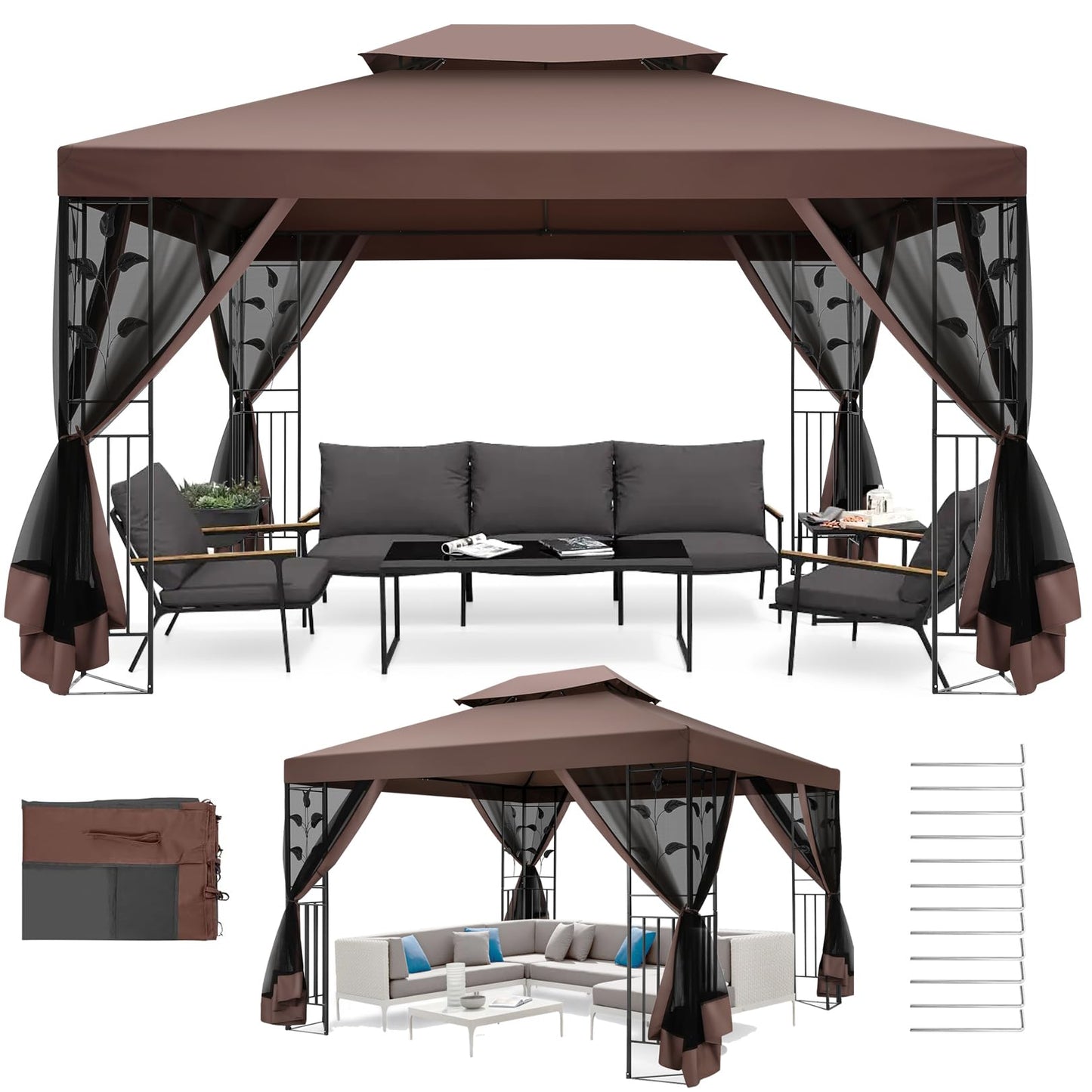 COBIZI Gazebo with Improved Cold-Proof Nettings Winter Gazebos on Clearance Heavy Duty Gazebos Double Roof with Metal Frame Gazebo Tent for Patio, Deck (Frame Thickened)