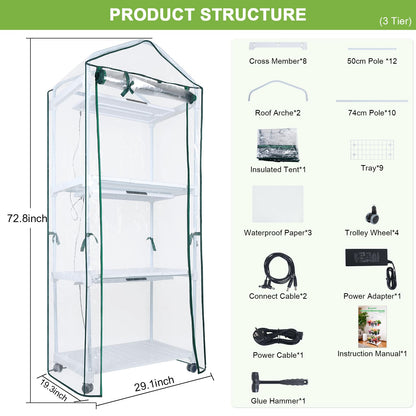Mini Indoor Greenhouse with Grow Light, 3-Tier Portable Plant Greenhouse Cabinet with Wheels, 36W Full Spectrum LED, Waterproof PVC Tent Cover for Seed Starting, Herbs, Indoor Plants (Clear, 3 Tier)