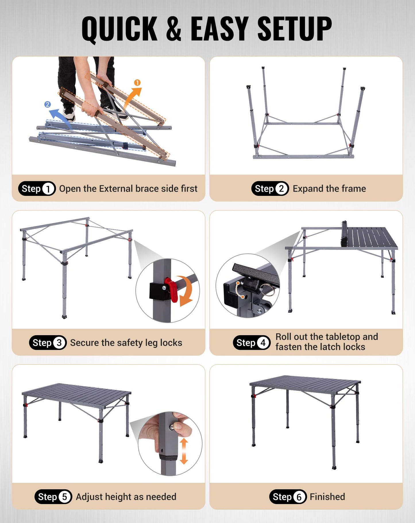 KingCamp Folding Camping Table Foldable Loads 265 Lbs, 42.1"× 27.6" Portable Table 3 Adjustable Height Aluminum Roll Up Camp Table with Carry Bag for Camping Picnic BBQ Backyard, Indoor & Outdoor