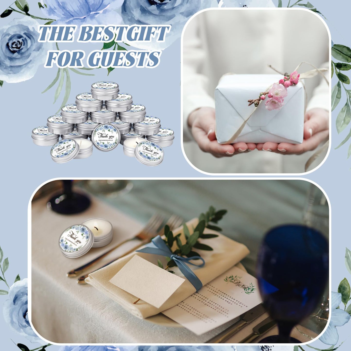 MTLEE 50 Pcs Wedding Candles Gift Favors for Guests 1 Oz Lavender Scented Soy Wax Aromatherapy Candle Favors for Bridal Shower Rustic Wedding Party Guests(Blue Flowers)