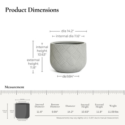 LuxenHome 14-Inch Dia Round Concrete Planters, Large Outdoor Indoor Decorative Plant Pots with Drainage Holes and Rubber Plug, Modern Gray Glen Woven Pattern Flower Pot Planters for Home Garden Patio