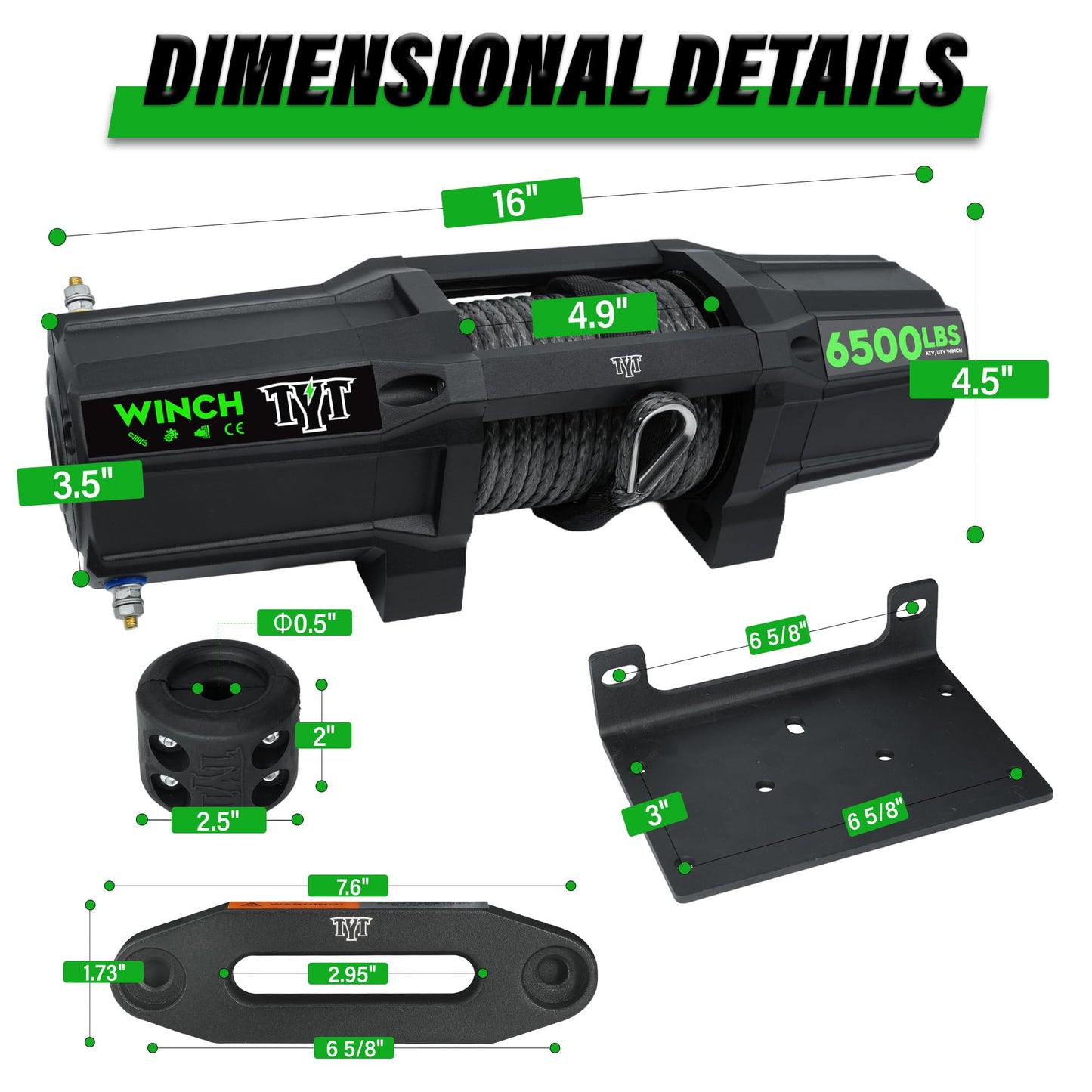 TYT 6500 lb UTV Winch with Wireless Remote and Wired Switch，12 Volt DC Electric Trailer Winch,1/4" x 50FT Synthetic Rope Winch with Rubber Stopper and Mounting Plate