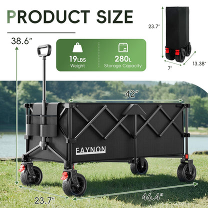 46" L Collapsible Foldable Extended Wagon, 500LB Weight Capacity with 280L Heavy Duty Folding Cart,Utility Wagon with All-Terrain Beach Wheel & Drink Holders,Black