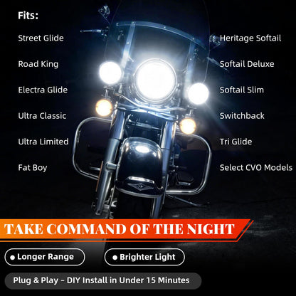7 Inch LED Motorcycle Headlight Kit Compatible with Harley Davidson Road King Street Glide Electra Glide Ultra Classic Heritage Softail Fat Boy, 4.5 Inch Fog Passing Lights, IP67 Waterproof 6000K