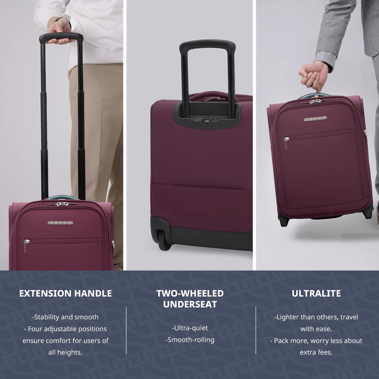 VERAGE Carry On Underseat Luggage with 2 Wheels & USB Port, 16 Inch Wheeled Spinner Bag Carry-on Luggages for Airlines, Lightweight Suitcase Men Women, Pilots and Crew (Upgrade-16-Inch)