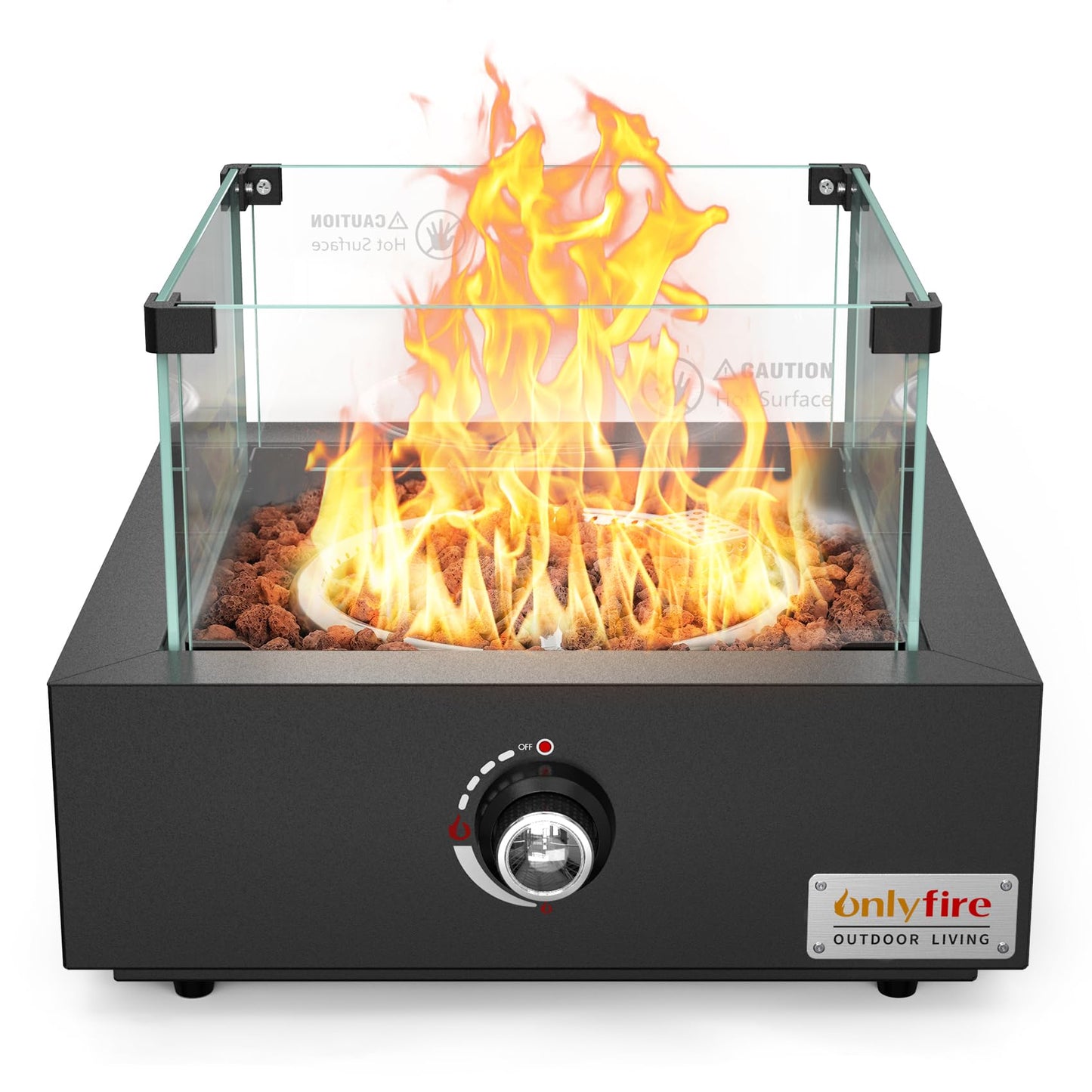 ONLYFIRE OUTDOOR LIVING 15.7" Portable Propane Gas Fire Pit Side-Mounted, Modern Tabletop Fireplace Smokeless Firepit with Glass Wind Guard for Patio Camping RV Tailgating, 23000BTU, Square FP040