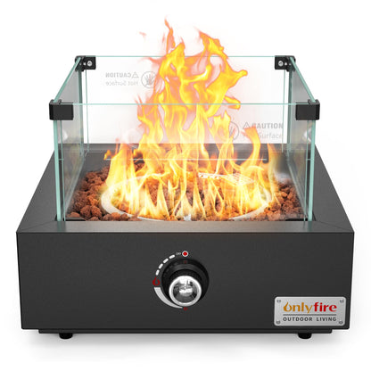 ONLYFIRE OUTDOOR LIVING 15.7" Portable Propane Gas Fire Pit Side-Mounted, Modern Tabletop Fireplace Smokeless Firepit with Glass Wind Guard for Patio Camping RV Tailgating, 23000BTU, Square FP040