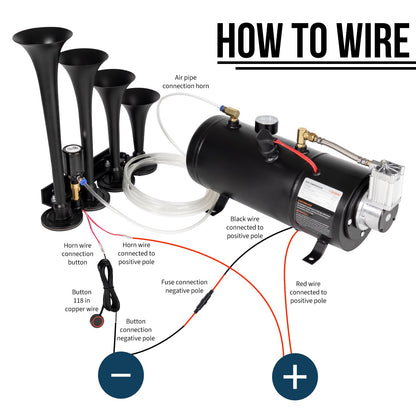 AOLIHAN Super Loud Train Horns Kit,180dB Four Trumpet Truck Horns with 150 PSI Air Tank,12V Air horn with 0.8 gallon Air Compressor Can for Truck, Jeep,Pickup,SUV (Black truck parallel horn kit)