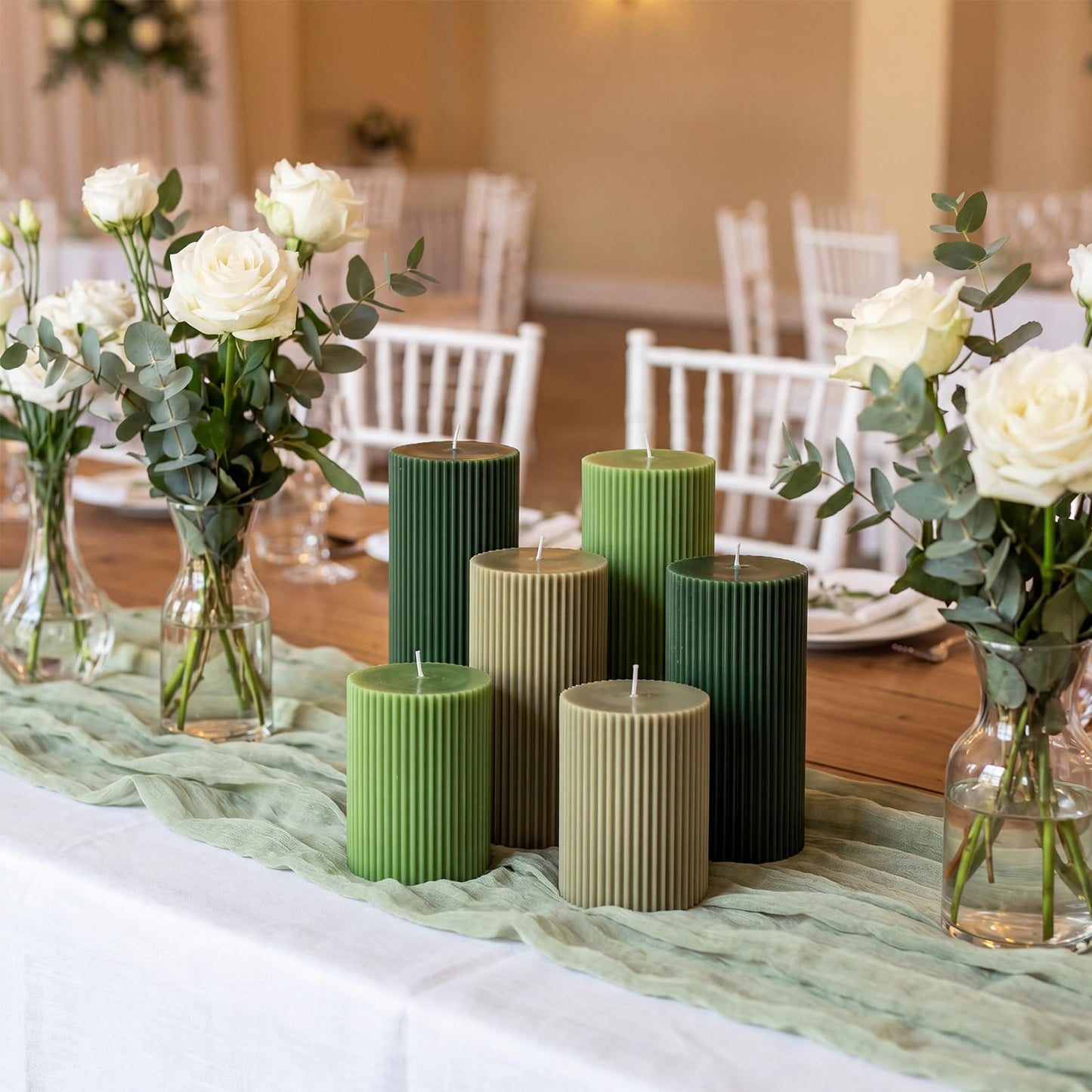 Lyrow 6 Pcs Ribbed Pillar Home Decorative Candles Aesthetic Modern Home Decor Soy Wax Unscented Pillar Candles Width 3" High 4" 6" 8" for Bathroom Living Room Wedding Dinner Party(Green)