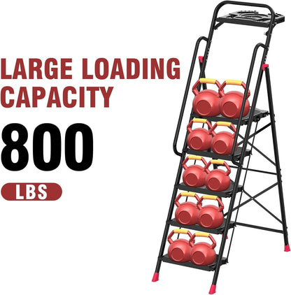 5 Step Foldable Step Ladder Stool with Roomy Tool Tray and Secure Handrail, Foldable Platform Ladder 5 Step Folding Stepstools with Wide Pedals and 800lbs Weight Capacity for Adults, Home, Kitchen