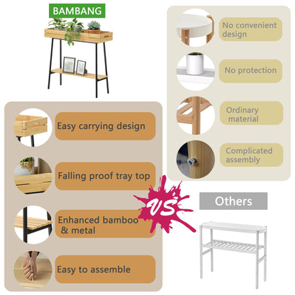 BAMBANG Bamboo Plant Stand Indoor, 2 Tier Wood Small Plant Table, Tall Plant Stand for Indoor Plants, Window Sill Plant Shelf, Flower Pot Holder Plant Bench Plant Rack for Living Room Balcony Outdoor