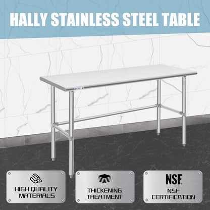 Hally Open Base Stainless Steel Table 24 x 60 Inches, NSF Commercial Heavy Duty Prep & Work Table with Galvanized Legs for Restaurant, Home and Hotel