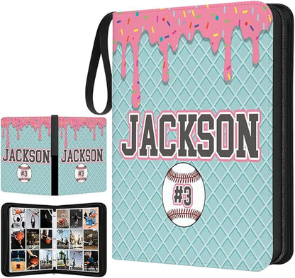 Personalized Ice Cream Drip Baseball Card Binder with Name &amp Number – Zipper Trading Card Album with Handle – Collector Case for Players &amp Fans (Ice Cream Drip Art #7)
