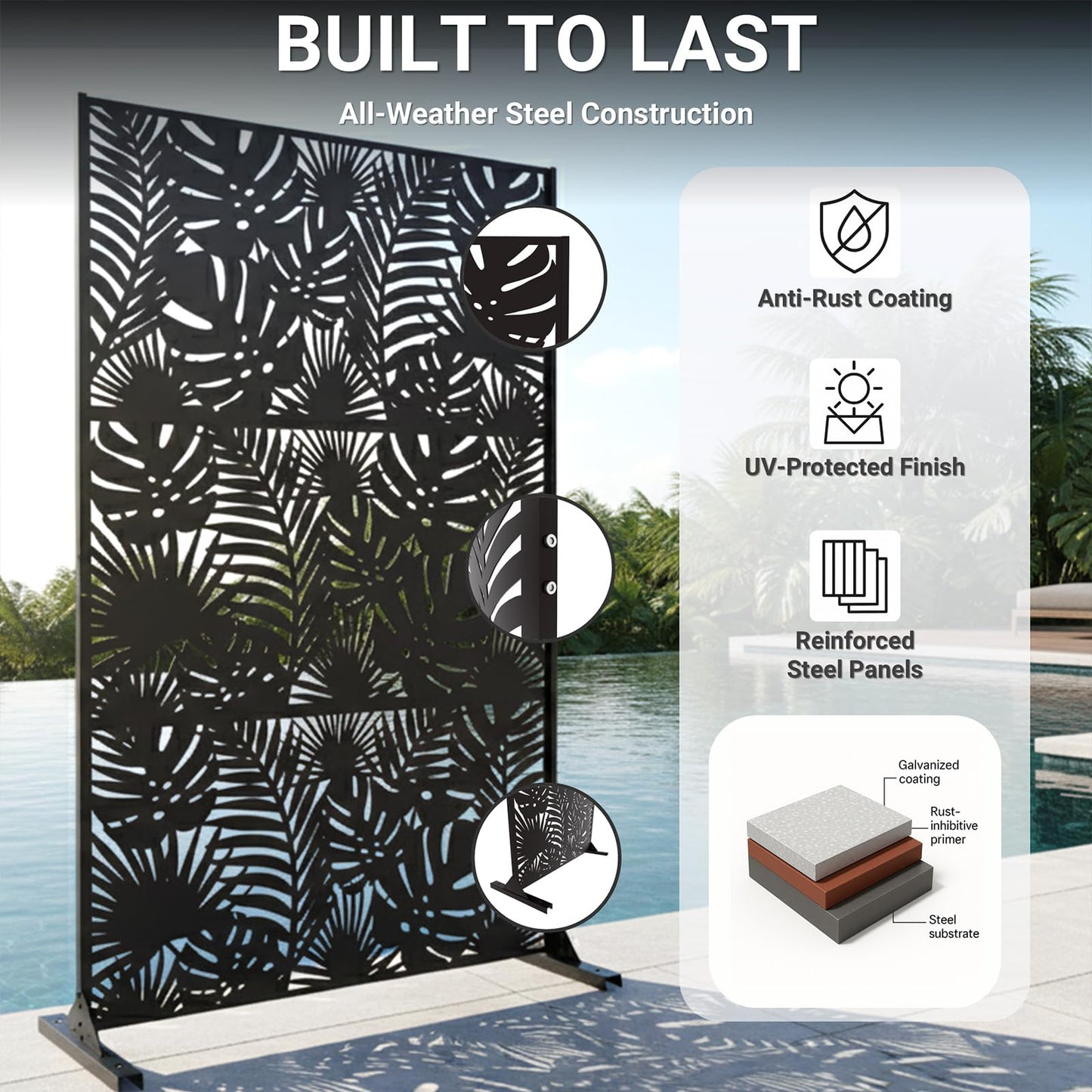 Metal Privacy Screen Outdoor – 72in Decorative Laser Cut Steel Garden Divider Panel with Tropical Leaf Design, Weatherproof Freestanding Modern Privacy Fence for Patio, Deck, Backyard & Balcony