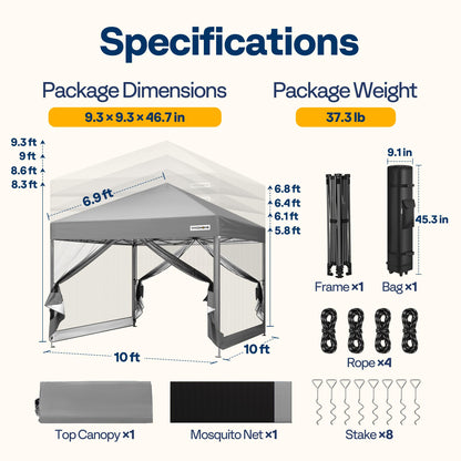 VIVOHOME 10x10ft Easy Pop-Up Canopy, Outdoor Screen Tent with Mosquito Netting, 2 Zipper Doors, and Roller Bag for Yard Camping Picnic Party Events, Grey