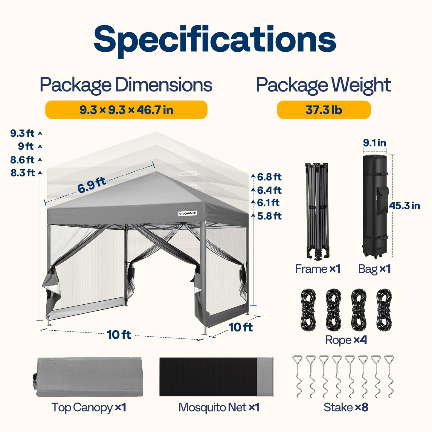 VIVOHOME 10x10ft Easy Pop-Up Canopy, Outdoor Screen Tent with Mosquito Netting, 2 Zipper Doors, and Roller Bag for Yard Camping Picnic Party Events, Grey
