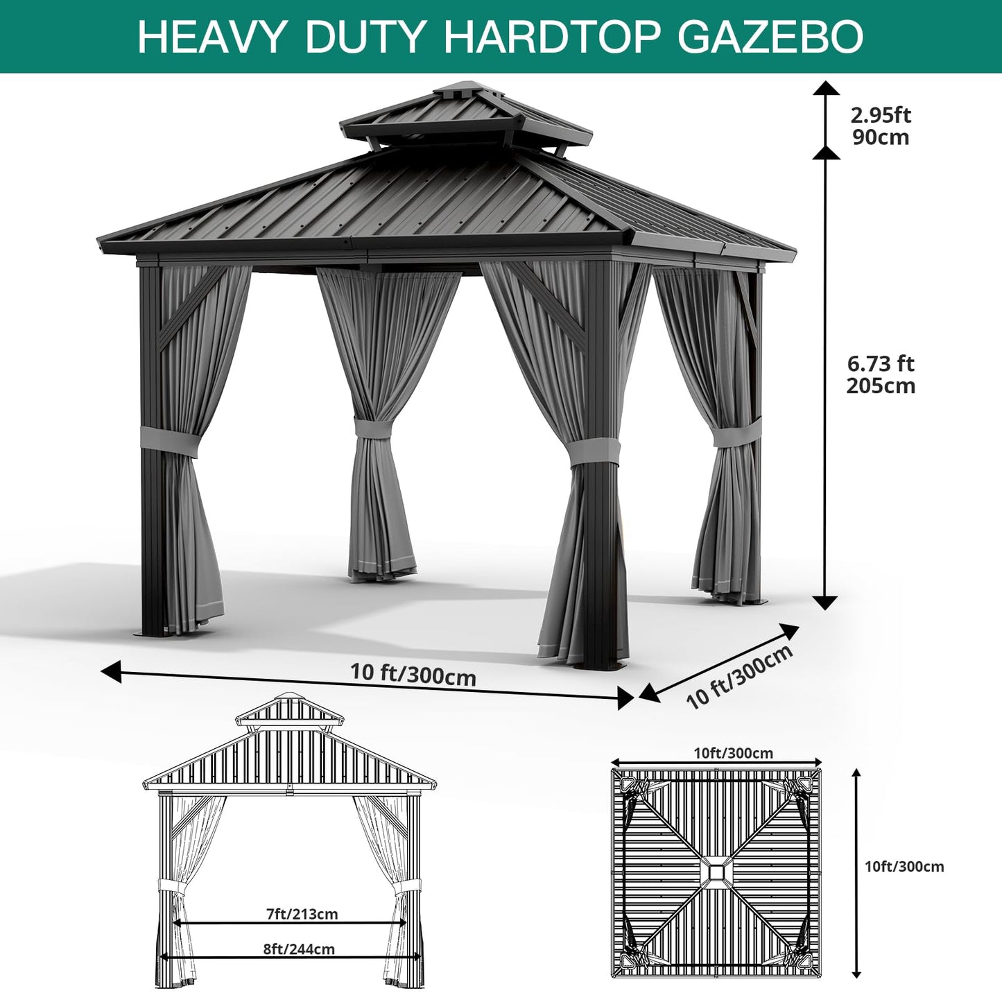 GarveeHome Outdoor Gazebos Canopy 10 x 10 ft Permanent with High Strength Aluminum Frame, Iron Double-Roof, Pavilion with Curtain and Netting for Patio, Lawn, Deck, Garden