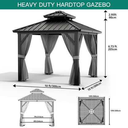 GarveeHome Outdoor Gazebos Canopy 10 x 10 ft Permanent with High Strength Aluminum Frame, Iron Double-Roof, Pavilion with Curtain and Netting for Patio, Lawn, Deck, Garden