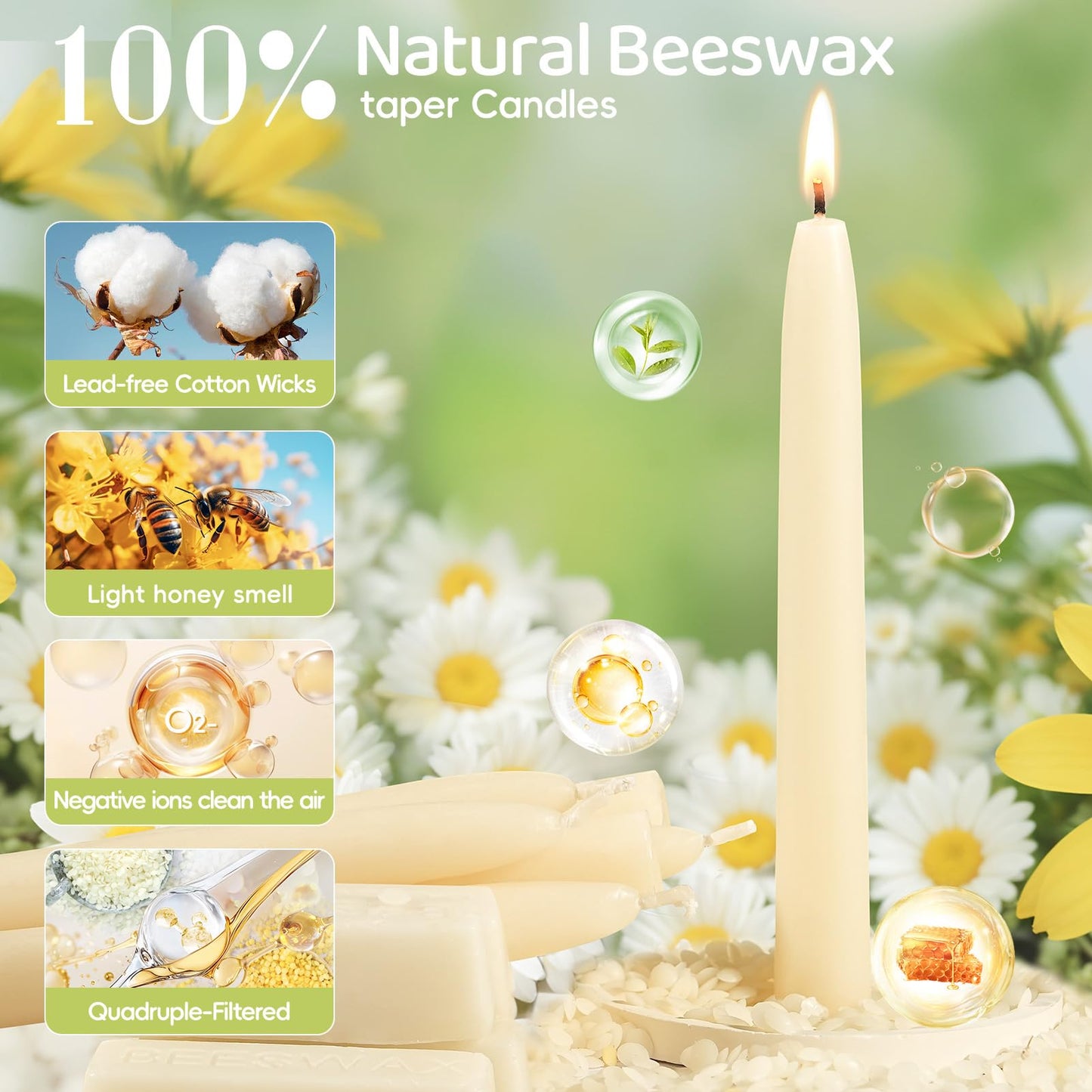 8 in Beeswax Taper Candles,8 Pack Dripless Pure White Beeswax Candle Sticks,8 Hours Long Burning Natural Bees Wax Candles for Home,Unscented Smokeless Tapered Candlesticks for Dinner