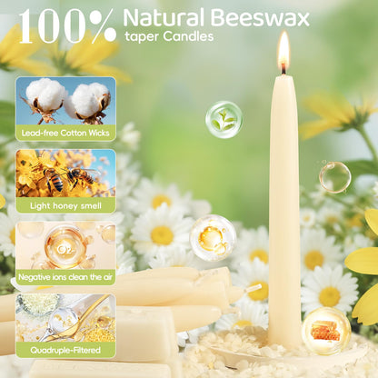 8 in Beeswax Taper Candles,8 Pack Dripless Pure White Beeswax Candle Sticks,8 Hours Long Burning Natural Bees Wax Candles for Home,Unscented Smokeless Tapered Candlesticks for Dinner