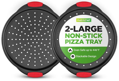 NutriChef 2-Piece 13-Inch Nonstick Pizza Tray, Round Carbon Steel Non-Stick Pizza Pan with Perforated Holes, Premium Bakeware Pizza Screen with Silicone Grip Handles, Dishwasher Safe, NCBPIZX2