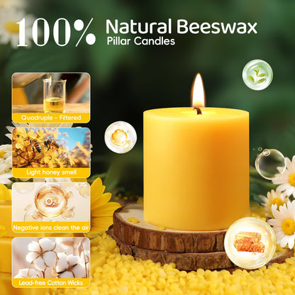 4 Pack Natural Beeswax Pillar Candles,2x2in 100% Pure Beeswax Candles-80 Hours Long Burning,Unscented Bees Wax Candles for Home,Prayer,Emergency,Dripless Smokeless Organic Pillar Candles Bluk