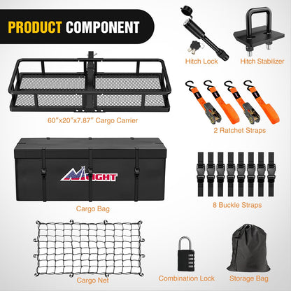 Nilight 60" x 20"x 7.87" Folding Carrier Fits 2-Inch Receiver 500 Lbs Capacity Bag Net Ratchet Straps Lock Stabilizer for SUV Pickup RV Van