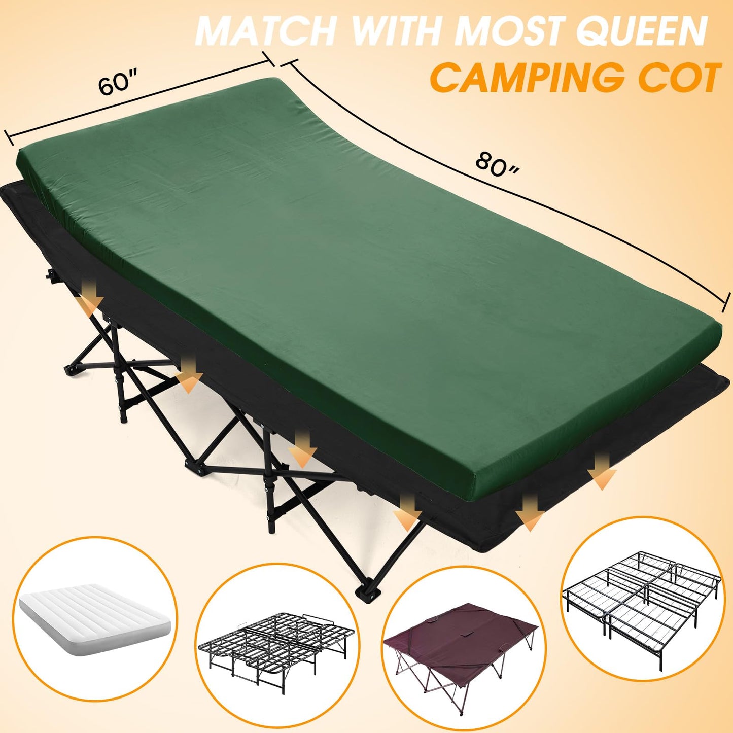 CYMULA Camping Cot Pad 2 Inch Memory Foam, Camping Pad for Folding Cot and Foldable Cot, Portable Roll Up Camp Gear for Car Camping Travel Tent, Non-Slip Waterproof Bottom, Removable Cover, Pad Only