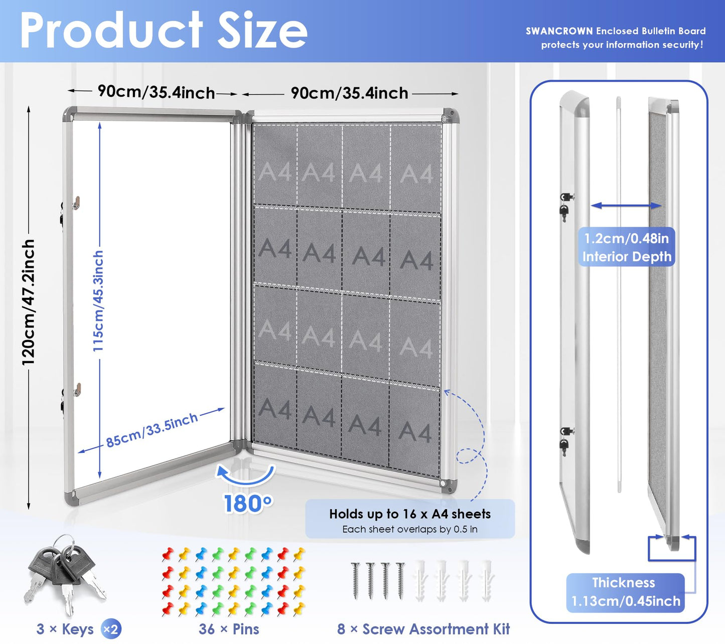 SWANCROWN Enclosed Bulletin Board 48x36in, Tamperproof Lockable Grey Felt Board Wall Display Case with 2 Locks for Office School Commerce, Aluminum Frame