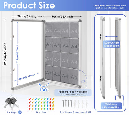 SWANCROWN Enclosed Bulletin Board 48x36in, Tamperproof Lockable Grey Felt Board Wall Display Case with 2 Locks for Office School Commerce, Aluminum Frame