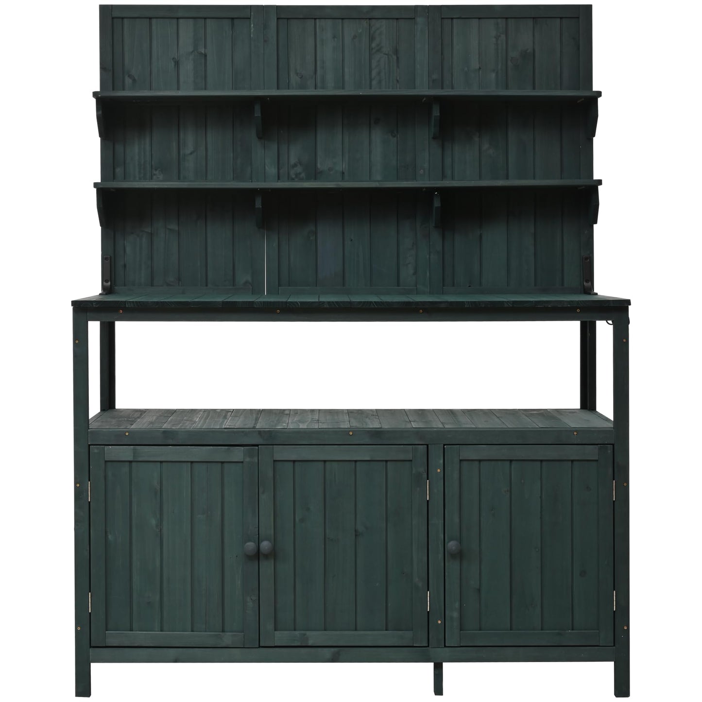 Merax Outdoor Potting Bench Table with Hutch, 50.2" Fir Wood Garden Workstation, Large Countertop, 2 Shelves, 2 Cabinets, 3 Side Hooks, Wooden Gardening Planting Table for Backyard, Patio, Green