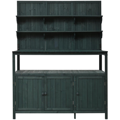 Merax Outdoor Potting Bench Table with Hutch, 50.2" Fir Wood Garden Workstation, Large Countertop, 2 Shelves, 2 Cabinets, 3 Side Hooks, Wooden Gardening Planting Table for Backyard, Patio, Green