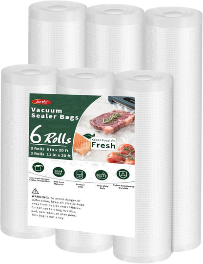 Aotto Vacuum Sealer Bags - 6 Pack Commercial Grade BPA-Free Food Storage Bags | 8"x20' & 11"x20'