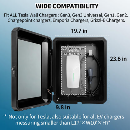 EV Charger Outdoor Lock Box – Wall-Mount Enclosure for Tesla Model Y/3/S/X & Most EV Chargers ≤17”×10”×7” – Weatherproof Anti-Theft with Multiple Cable Entry