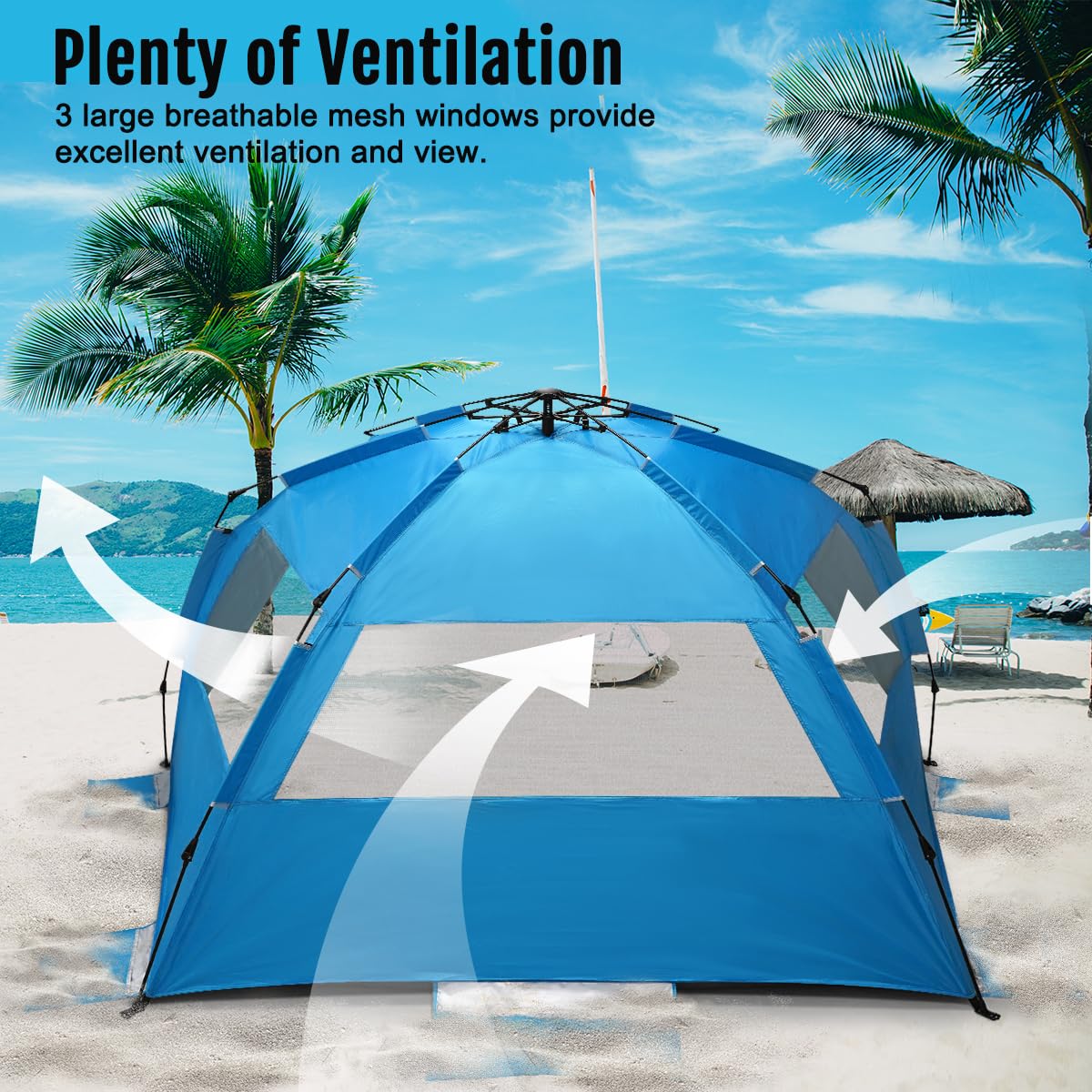 WhiteFang Deluxe XL Pop Up Beach Tent Sun Shade Shelter for 3-4 Person, UV Protection, Extendable Floor with 3 Ventilating Windows Plus Carrying Bag, Stakes, and Guy Lines (Solid Blue)
