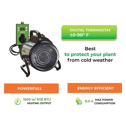 BioGreen Electric Greenhouse Heater & Fan with Digital Thermostat PALMA | 1500 Watts, 5100 BTU/hr | 5800 ft³/h Air Circulation -58 to 210.2°F | Stainless Steel | Spraywater Proof