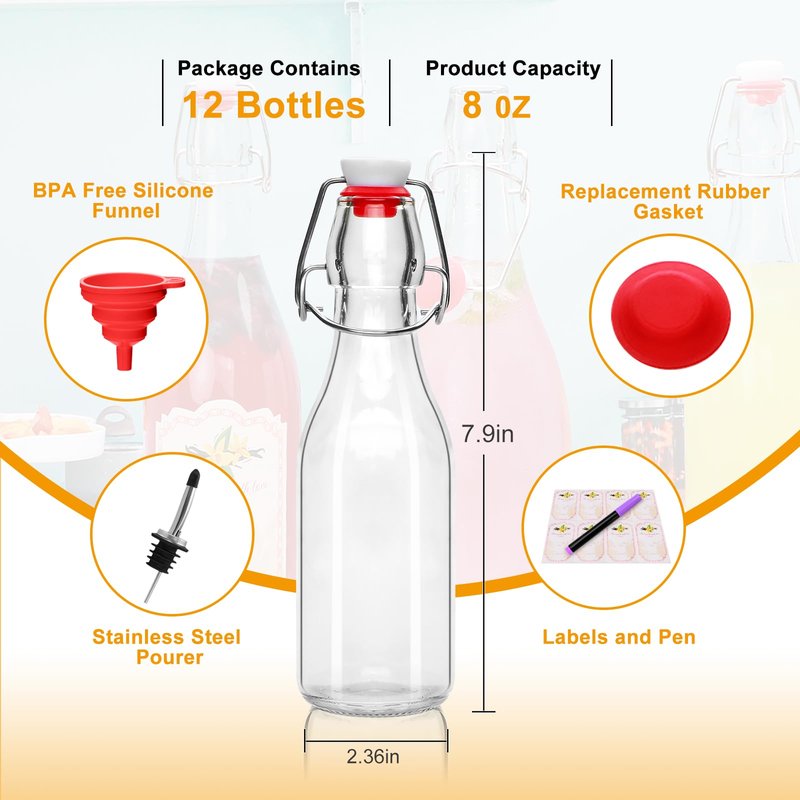 8oz Swing Top Glass Bottles - 12 Pack Flip Top Glass Bottle with Airtight Lid for Home Brewing, Fermentation, Beer, Vanilla Extract, Limoncelle, Kombucha, Kefir, Soda, Bonus Gaskets and Pourers