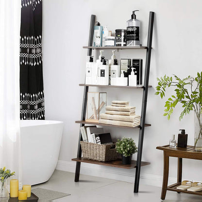 Tangkula Industrial 4-Tier Ladder Shelf, Leaning Against The Wall Bookshelf for Living Room Office, Multipurpose Storage Rack Shelves with Metal Frame, Plant Flower Stand (Rustic Brown)
