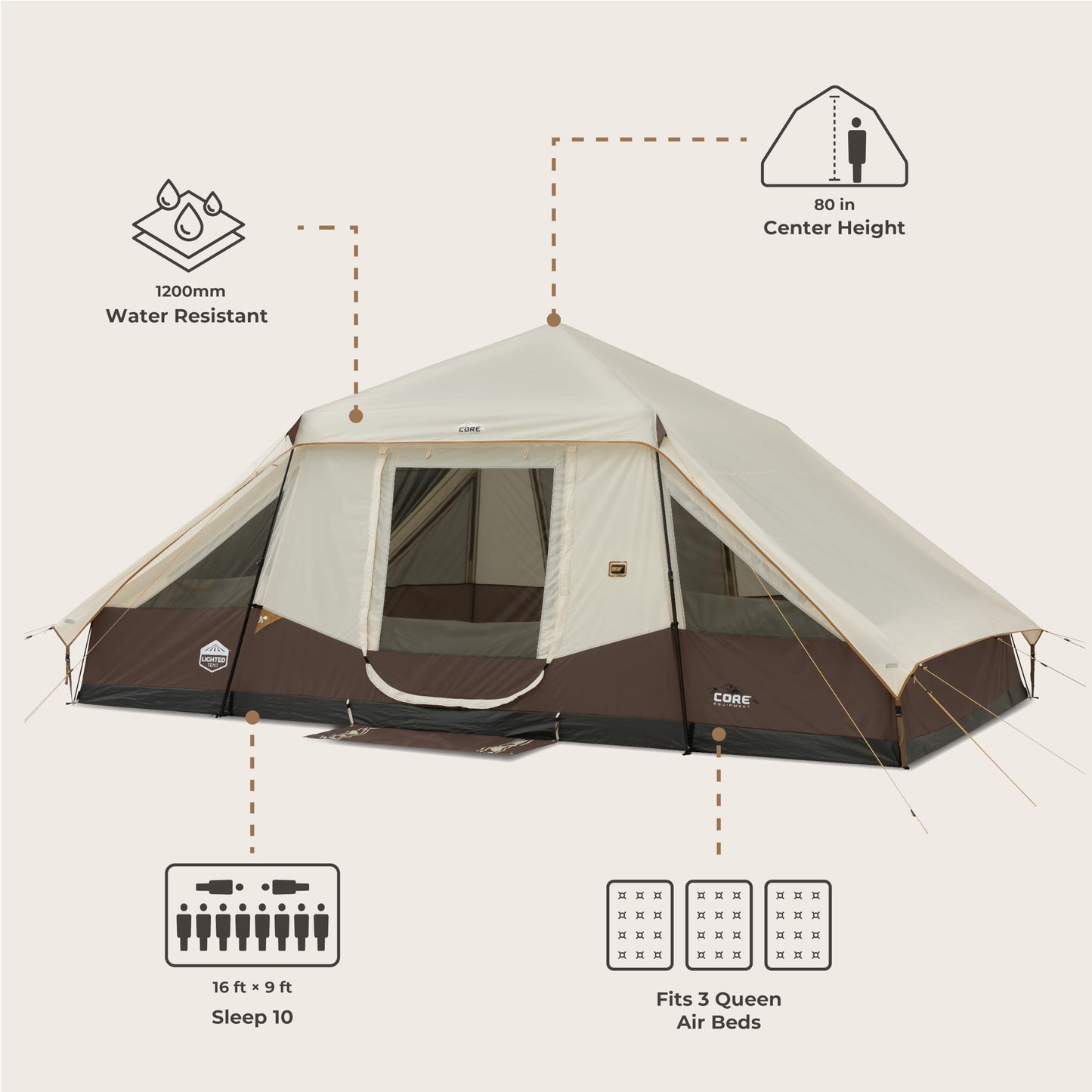CORE 10 Person Instant Cabin Tent with LED Lights | Large Lighted Pop Up Tent with Carry Bag for Outdoor Camping, Glamping, and Backyard Adventures | Included Storage Pockets for Camp Accessories