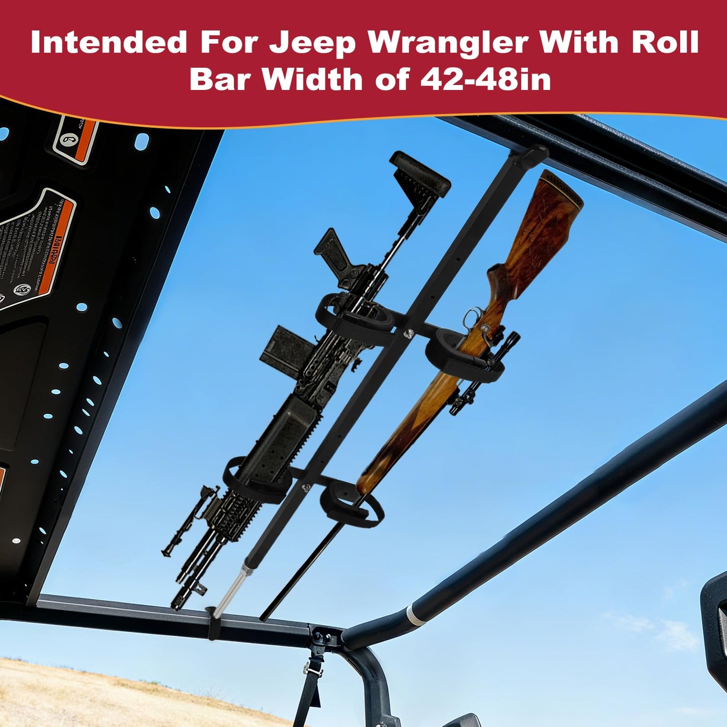 Overhead Gun Mount is Suitable for Jeep Wranglers with a roll bar Width of 42-48 inches，Tough Steel Mount, Built for Two.Universal Roof Top Gun Rack for Jeep Wrangler YJ, TJ, JK, & JL.