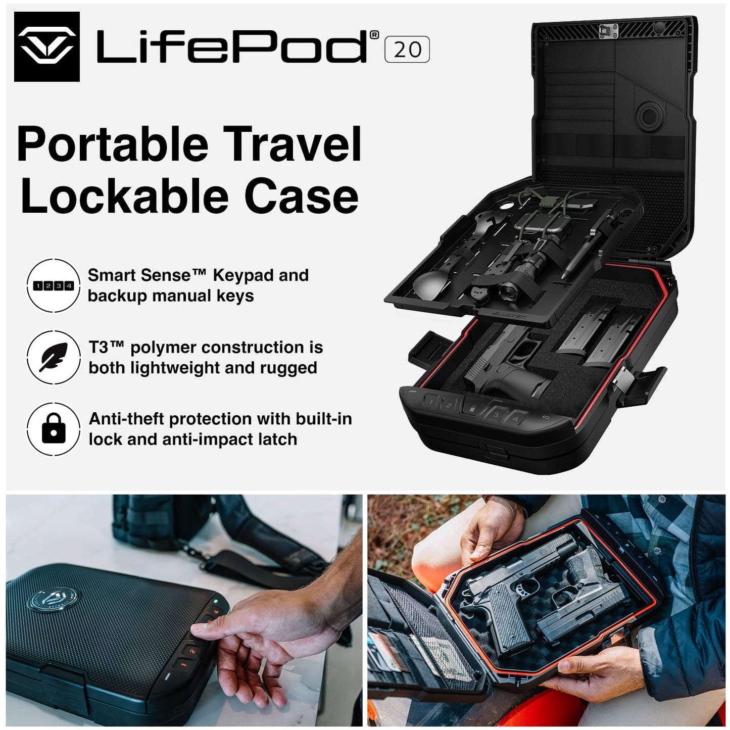 VAULTEK LifePod 20 Full-Size Lockable Weatherproof Case with Built-in Lock, Steel Security Cable, & TSA Handgun Case or Car Safe, Portable Travel Pistol Safe/Titanium Gray